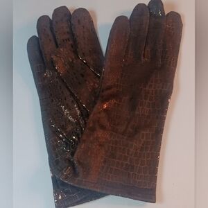 CHI BY FALCHI LEATHER SNAKESKIN GLOVES, BROWN & SPARKLE GOLD,